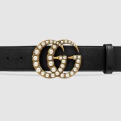 Black Leather Belt Pearly Buckle