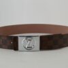 Brown Damier Silver Buckle Leather Belt