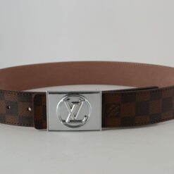 Brown Damier Silver Buckle Leather Belt