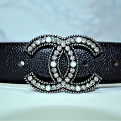 Caviar Pattern Chanel Belt Silver Diamond Buckle